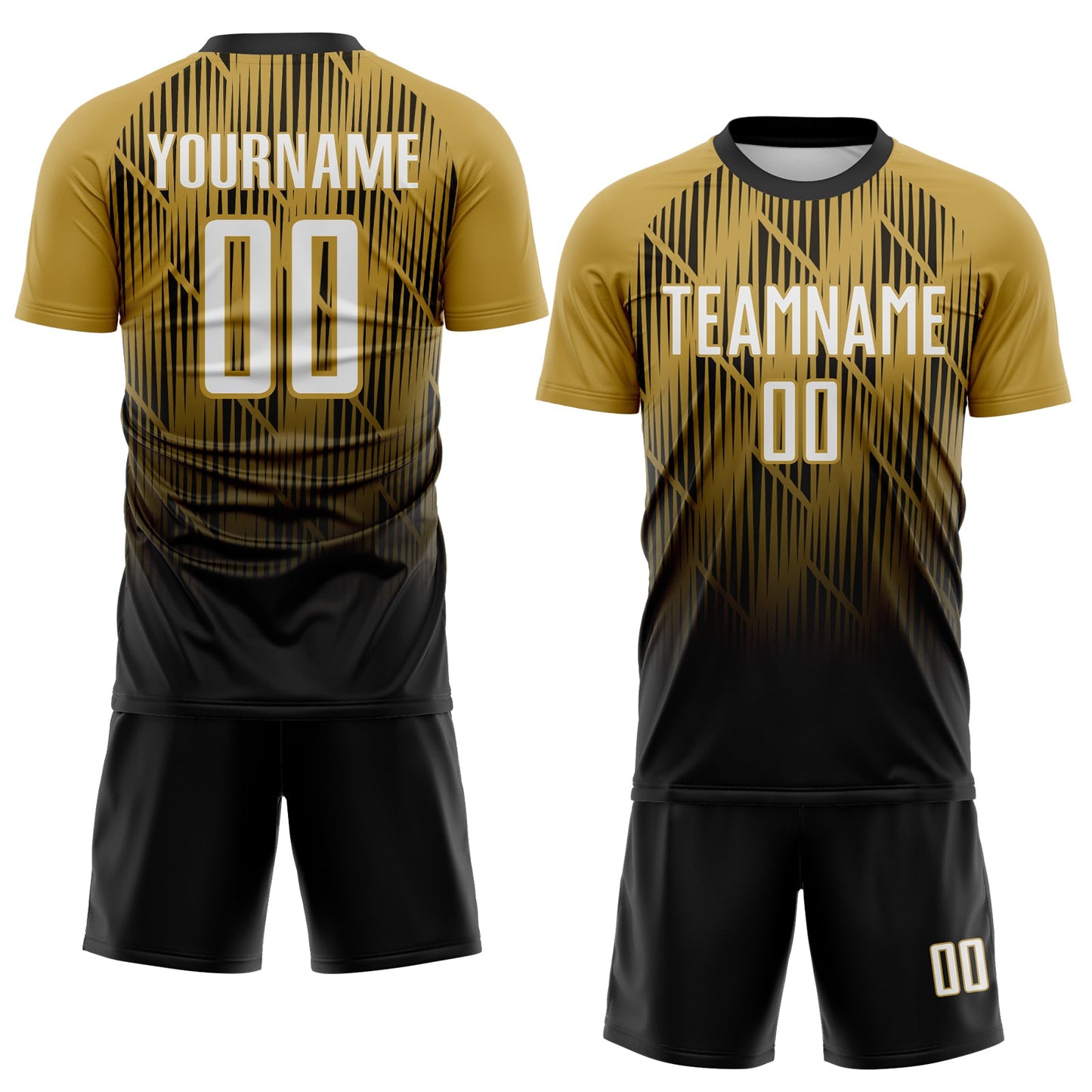 Custom Black White-Old Gold Spiked Sharp Lines Gradient Sublimation Soccer Uniform Jersey view 2