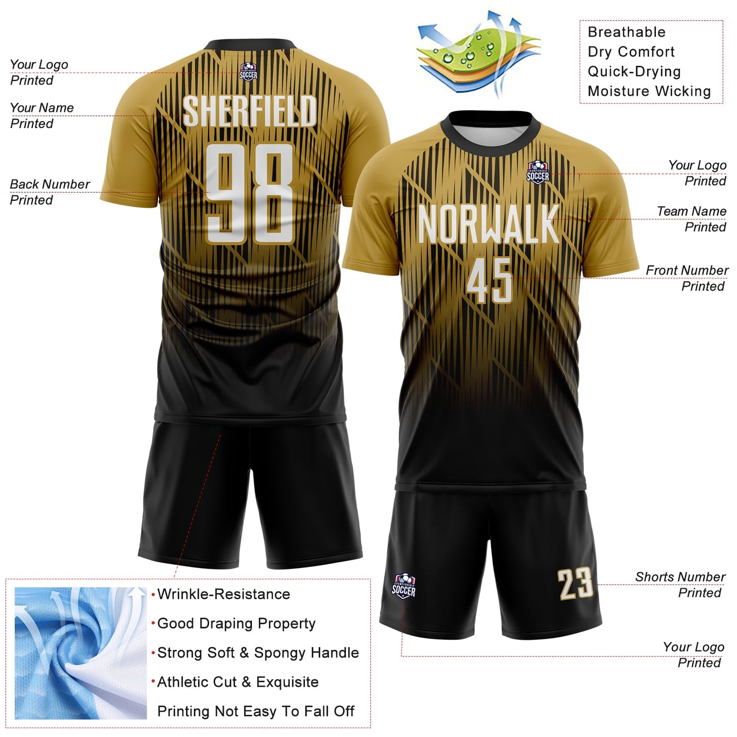 Custom Black White-Old Gold Spiked Sharp Lines Gradient Sublimation Soccer Uniform Jersey view 4