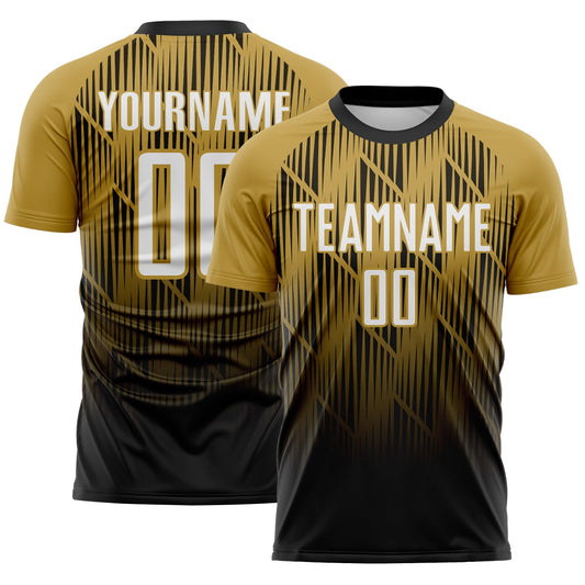 Custom Black White-Old Gold Spiked Sharp Lines Gradient Sublimation Soccer Uniform Jersey - Main View