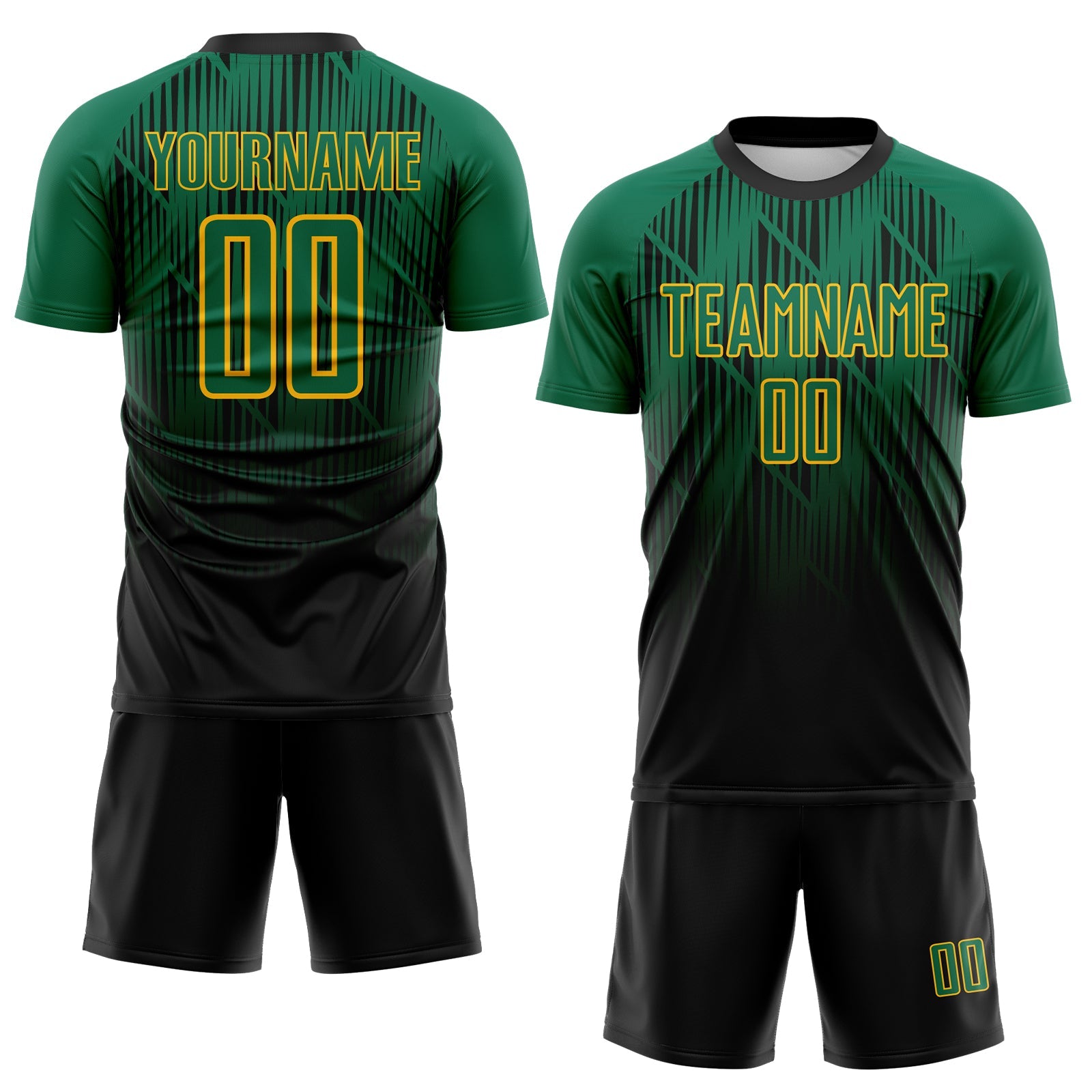 Custom Black Kelly Green-Gold Spiked Sharp Lines Gradient Sublimation Soccer Uniform Jersey view 2