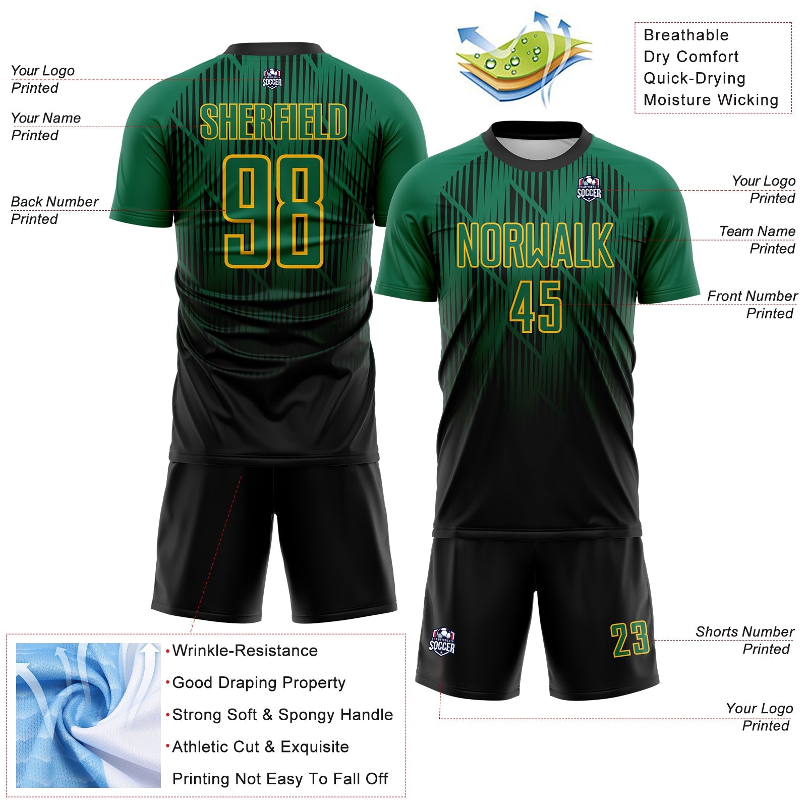 Custom Black Kelly Green-Gold Spiked Sharp Lines Gradient Sublimation Soccer Uniform Jersey view 4