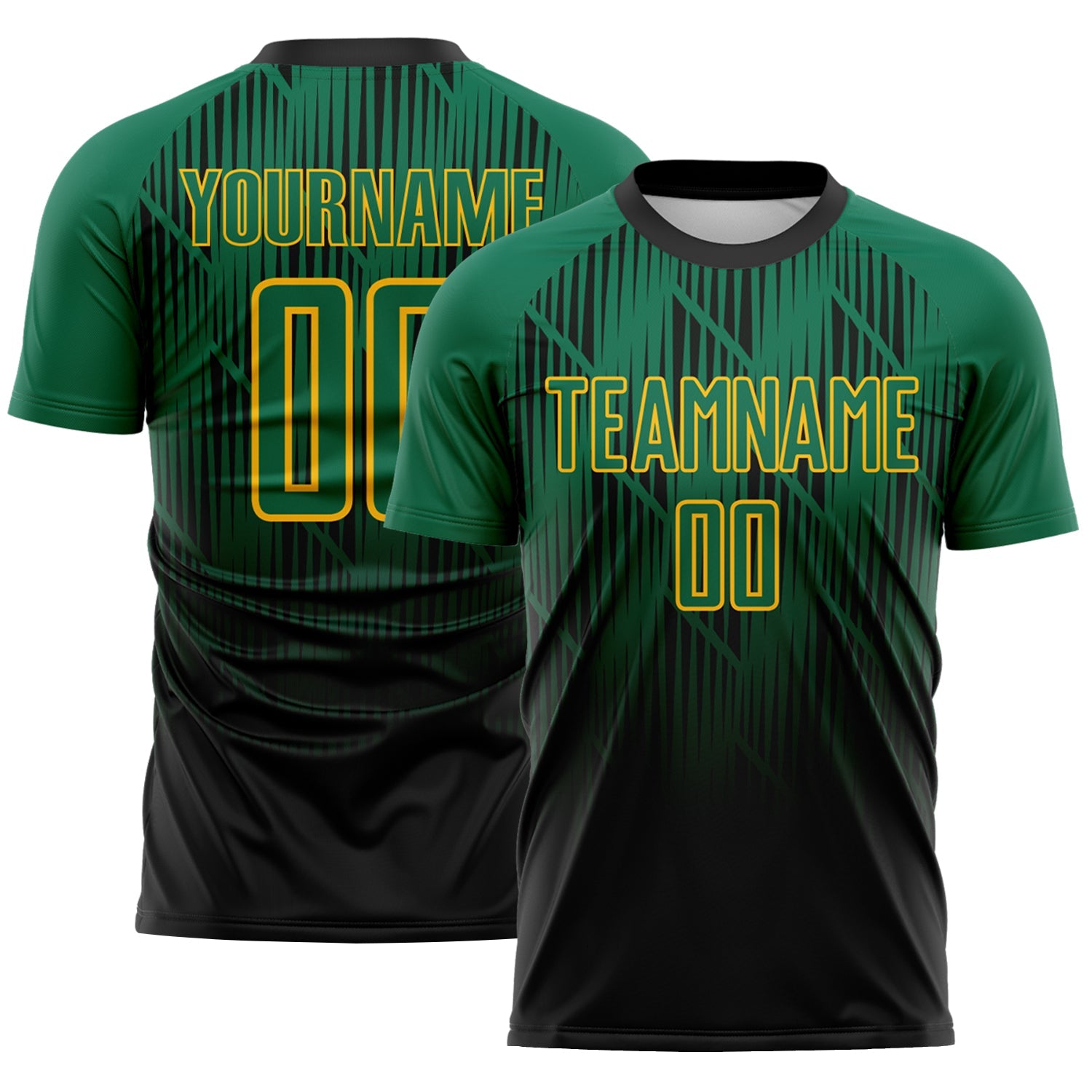 Custom Black Kelly Green-Gold Spiked Sharp Lines Gradient Sublimation Soccer Uniform Jersey - Main View