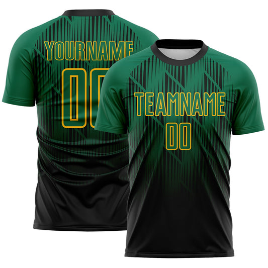 Custom Black Kelly Green-Gold Spiked Sharp Lines Gradient Sublimation Soccer Uniform Jersey - Main View