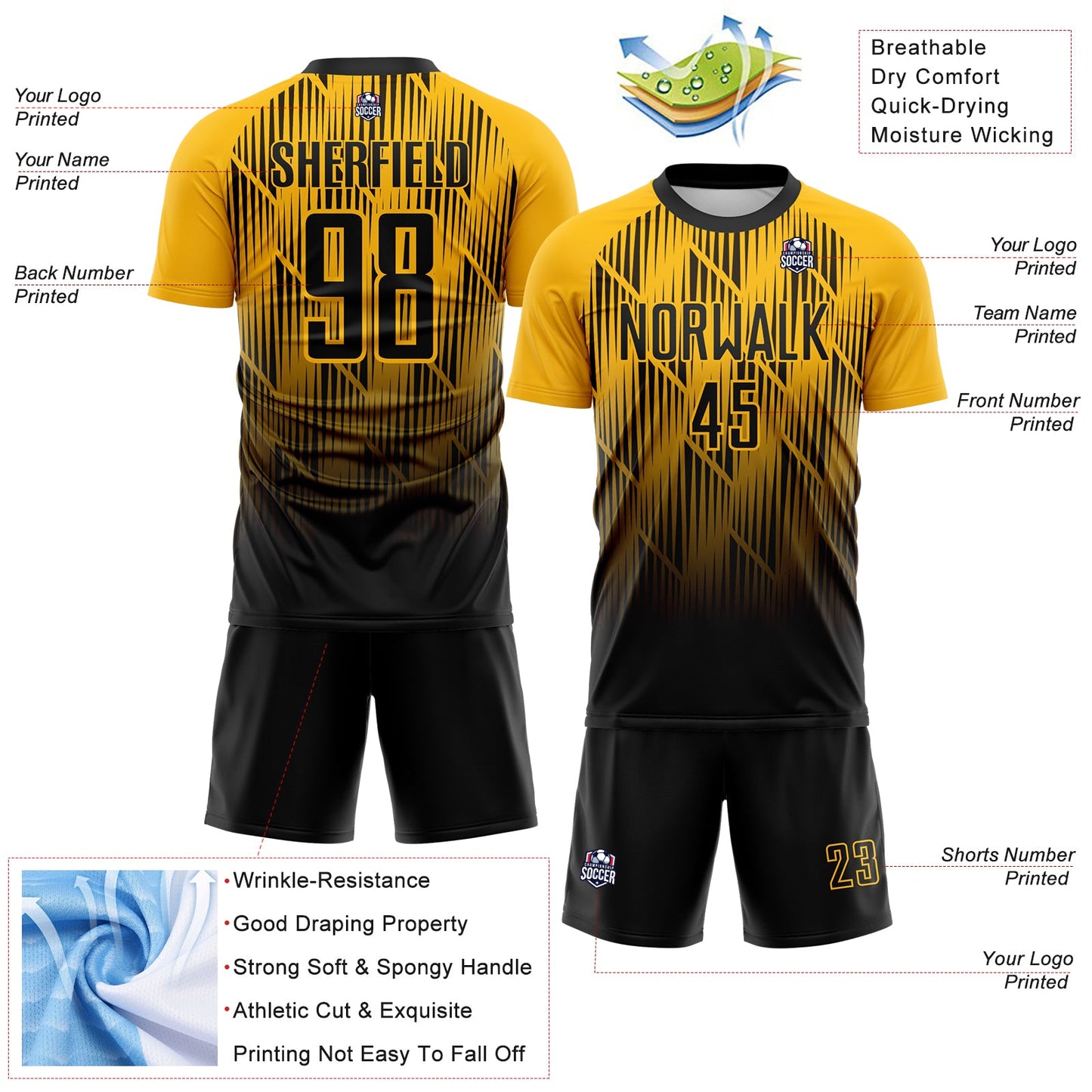 Custom Black-Gold Spiked Sharp Lines Gradient Sublimation Soccer Uniform Jersey view 4