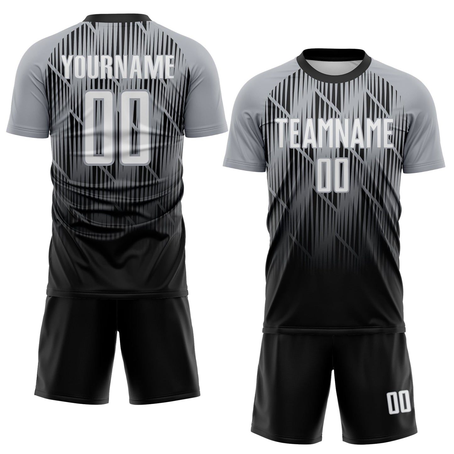 Custom Black White-Gray Spiked Sharp Lines Gradient Sublimation Soccer Uniform Jersey view 2