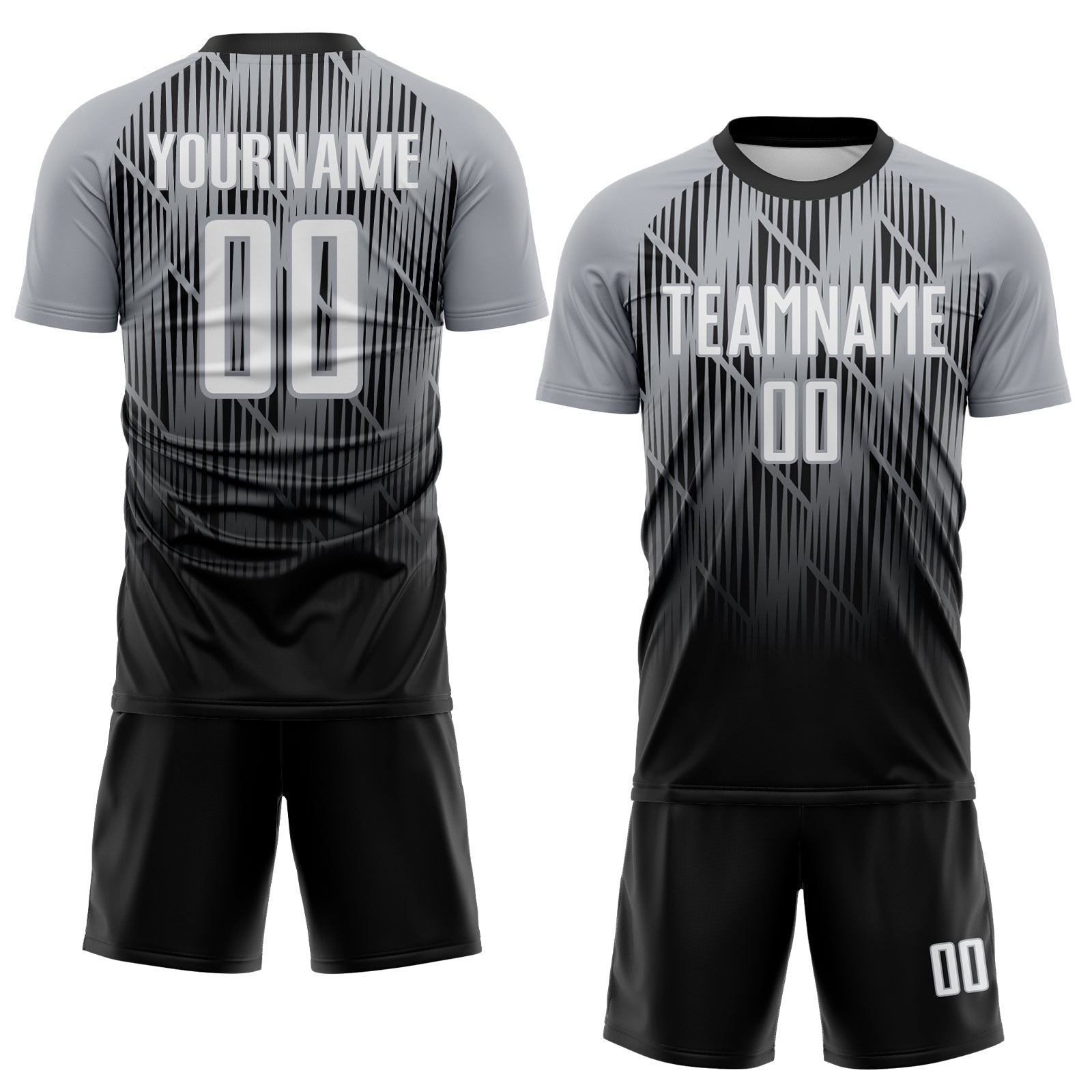 Custom Black White-Gray Spiked Sharp Lines Gradient Sublimation Soccer Uniform Jersey view 2