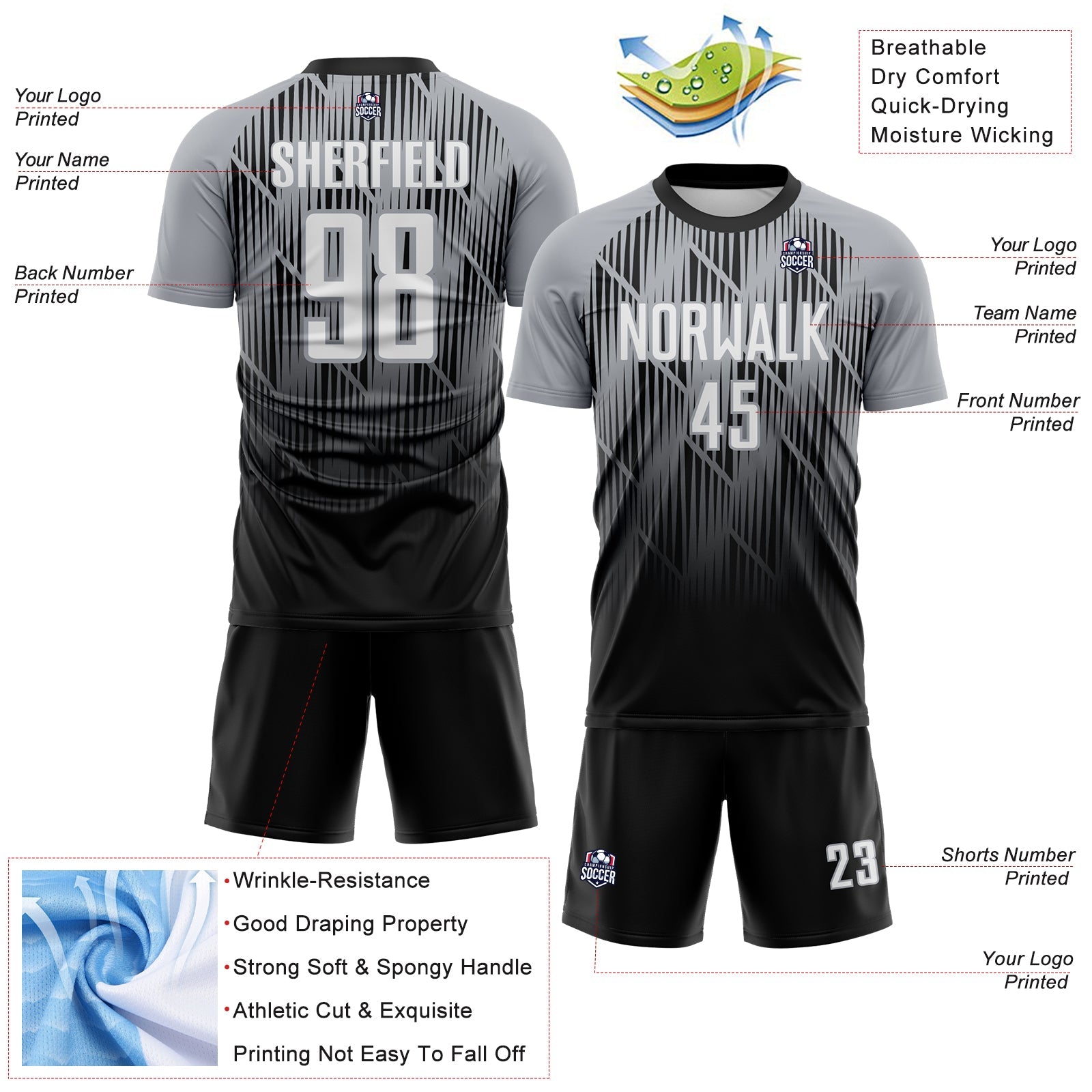Custom Black White-Gray Spiked Sharp Lines Gradient Sublimation Soccer Uniform Jersey view 4