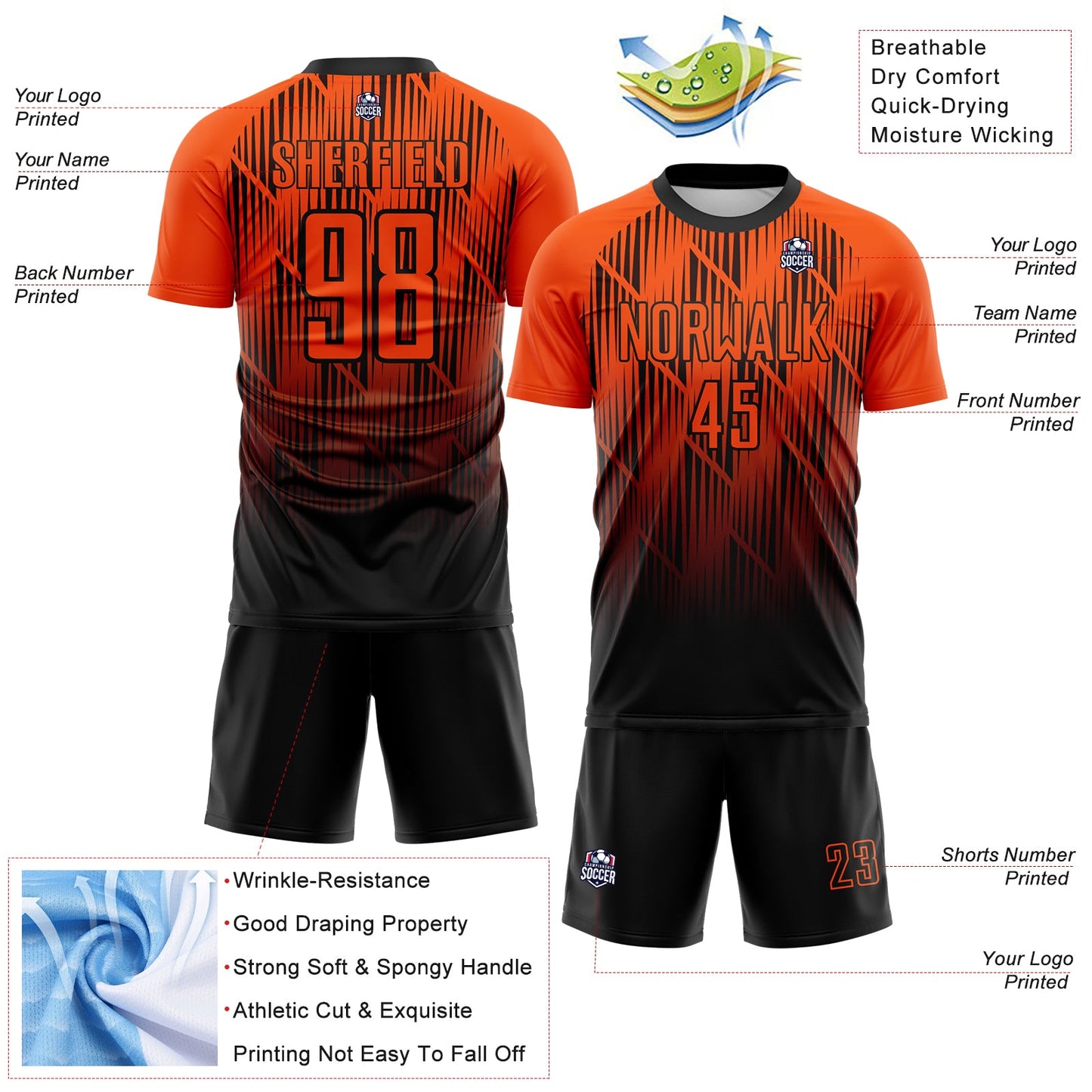 Custom Black-Orange Spiked Sharp Lines Gradient Sublimation Soccer Uniform Jersey view 4