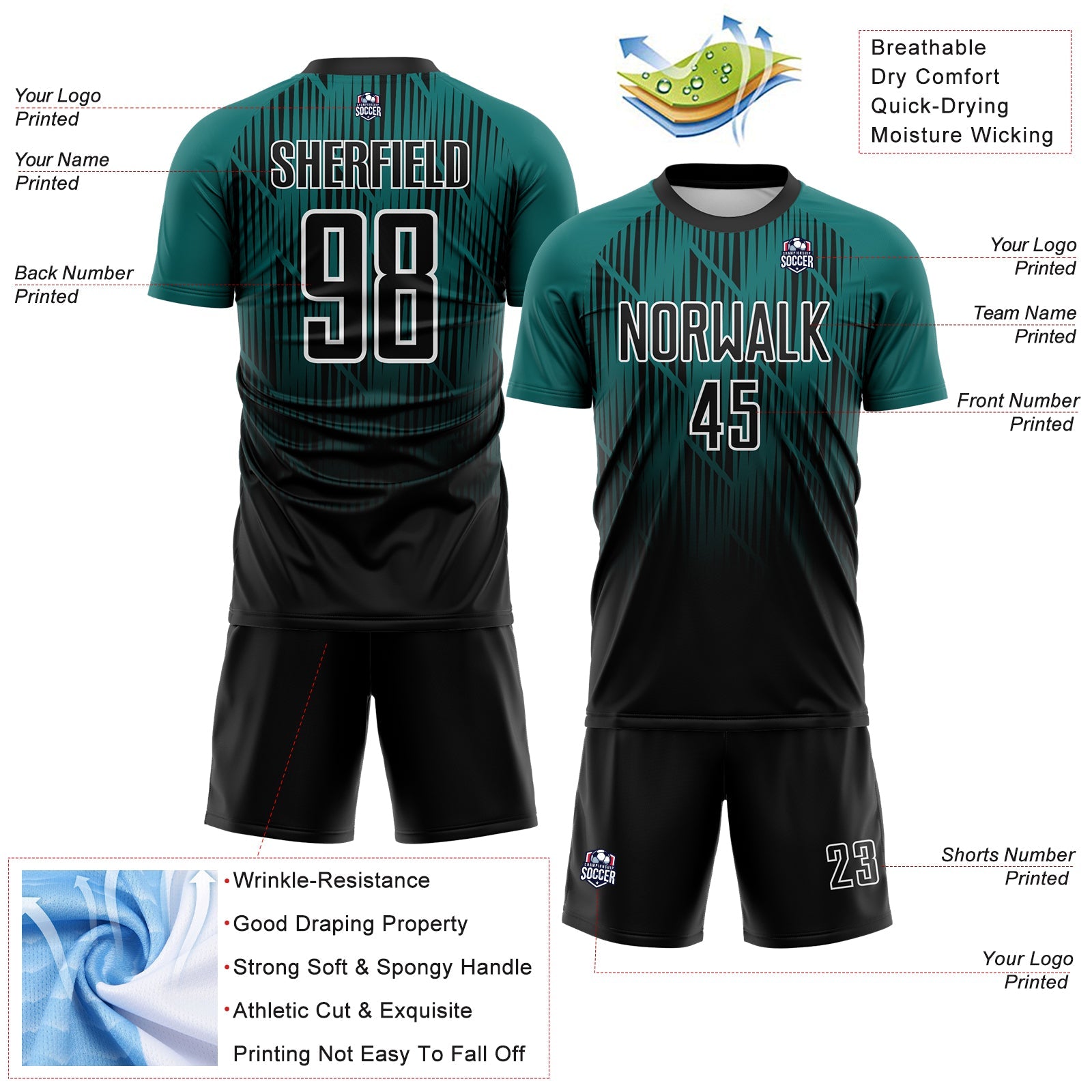 Custom Black Teal-White Spiked Sharp Lines Gradient Sublimation Soccer Uniform Jersey view 4