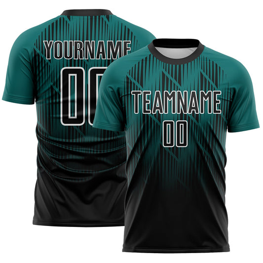 Custom Black Teal-White Spiked Sharp Lines Gradient Sublimation Soccer Uniform Jersey - Main View