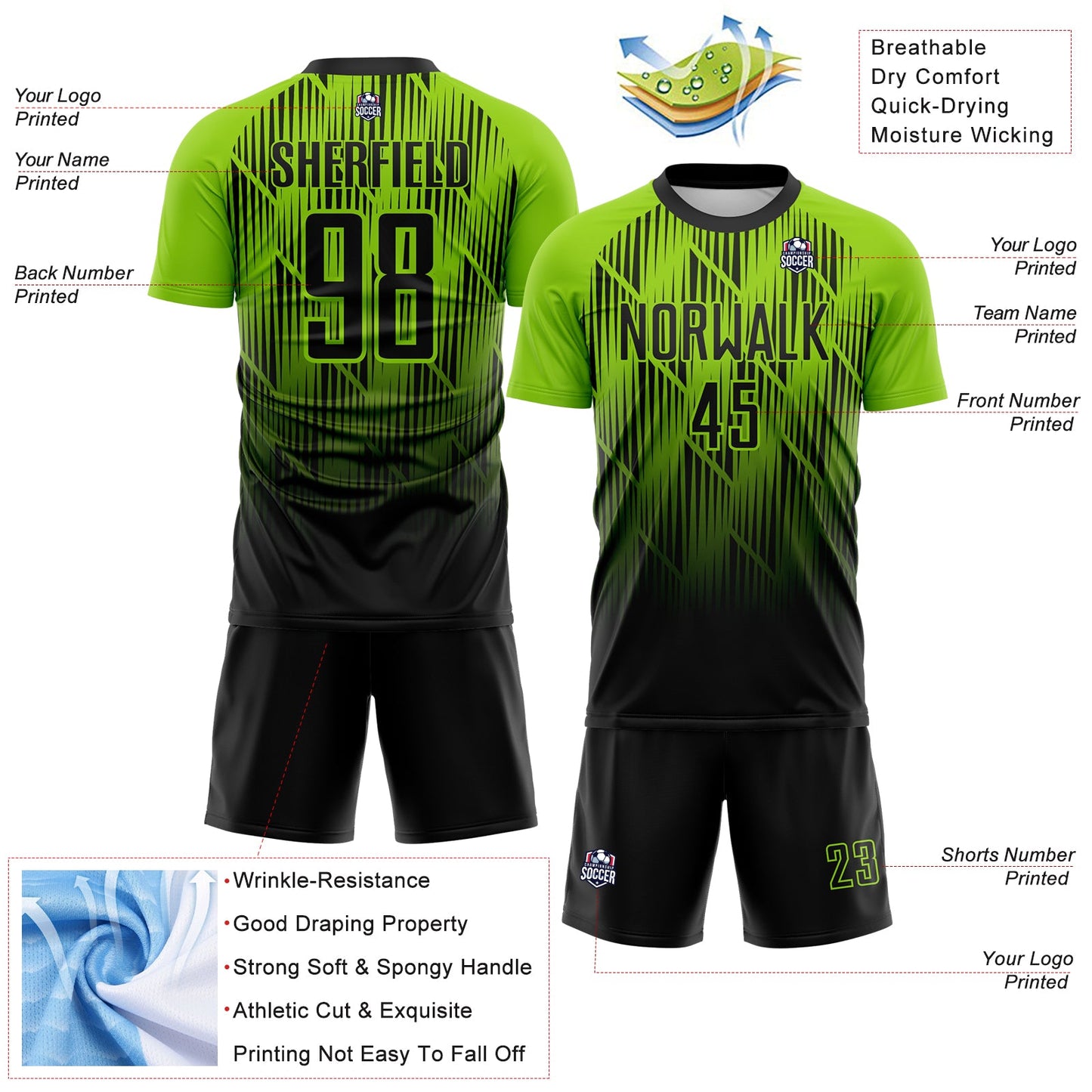 Custom Black-Neon Green Spiked Sharp Lines Gradient Sublimation Soccer Uniform Jersey view 4
