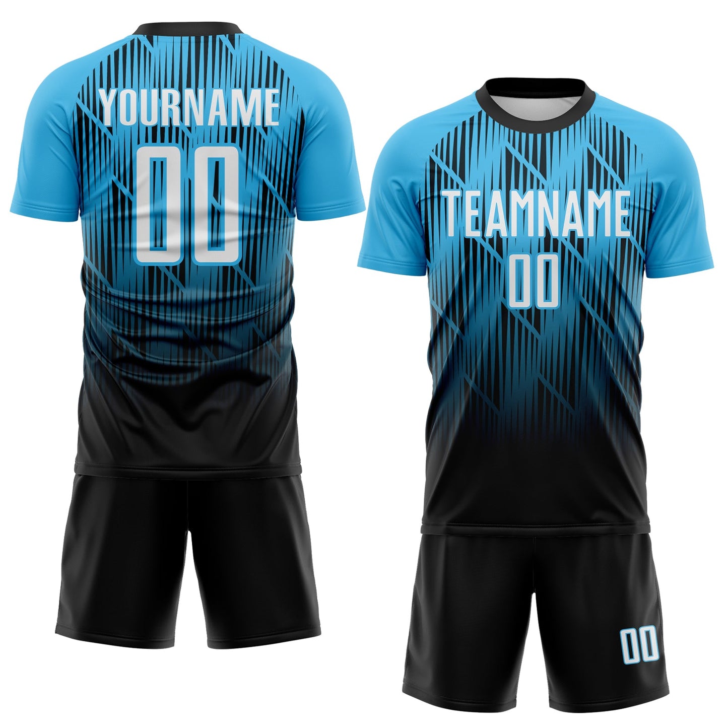 Custom Black White-Sky Blue Spiked Sharp Lines Gradient Sublimation Soccer Uniform Jersey view 2