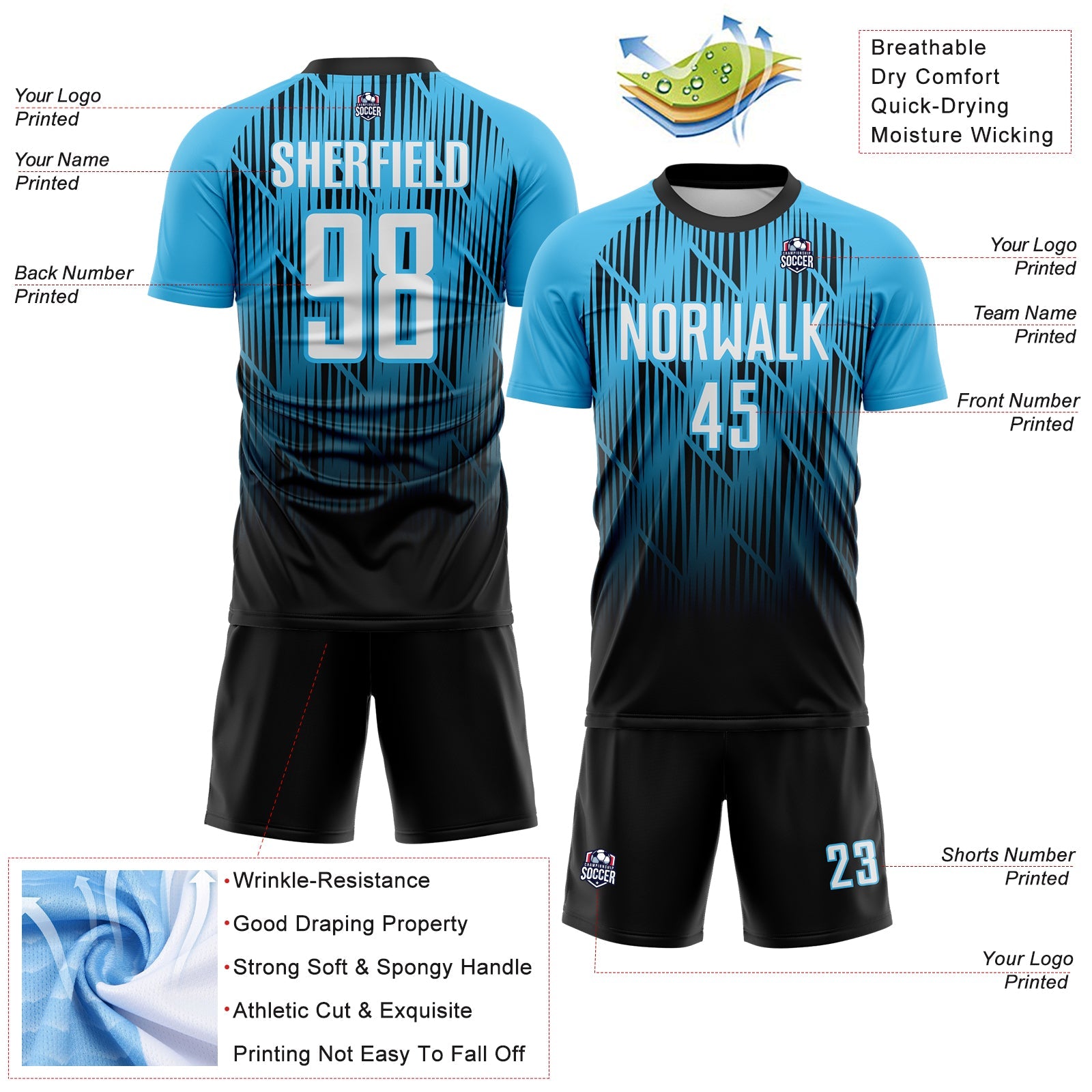 Custom Black White-Sky Blue Spiked Sharp Lines Gradient Sublimation Soccer Uniform Jersey view 4