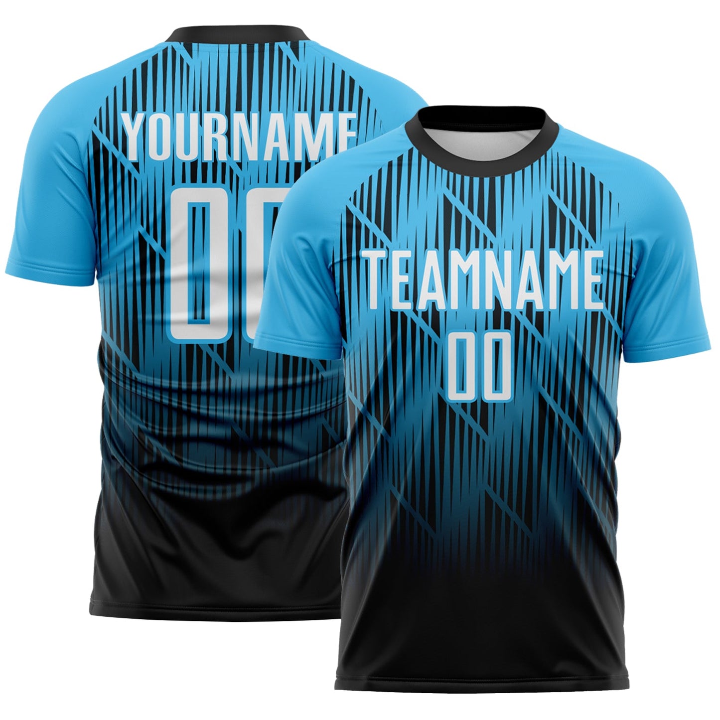 Custom Black White-Sky Blue Spiked Sharp Lines Gradient Sublimation Soccer Uniform Jersey - Main View