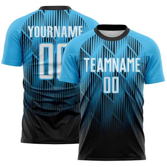 Custom Black White-Sky Blue Spiked Sharp Lines Gradient Sublimation Soccer Uniform Jersey - Main View