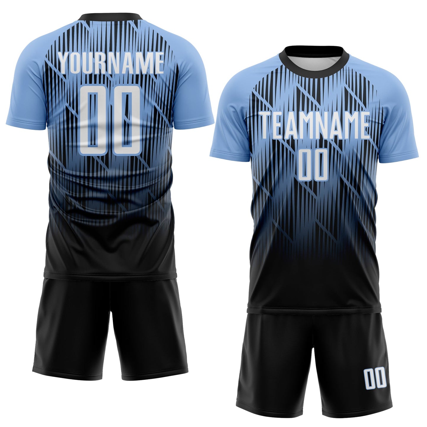 Custom Black White-Light Blue Spiked Sharp Lines Gradient Sublimation Soccer Uniform Jersey view 2