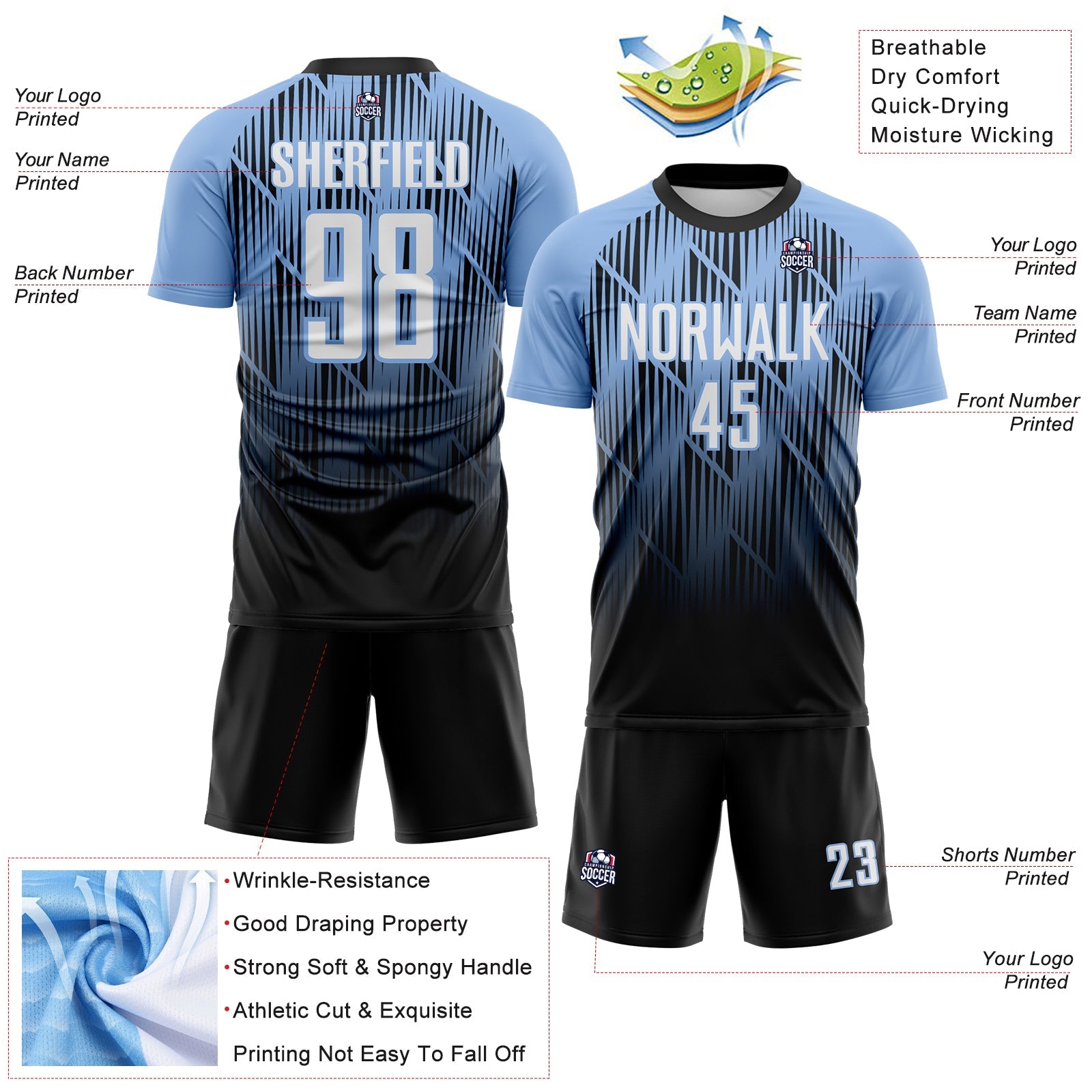 Custom Black White-Light Blue Spiked Sharp Lines Gradient Sublimation Soccer Uniform Jersey view 4