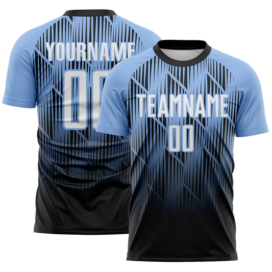 Custom Black White-Light Blue Spiked Sharp Lines Gradient Sublimation Soccer Uniform Jersey - Main View