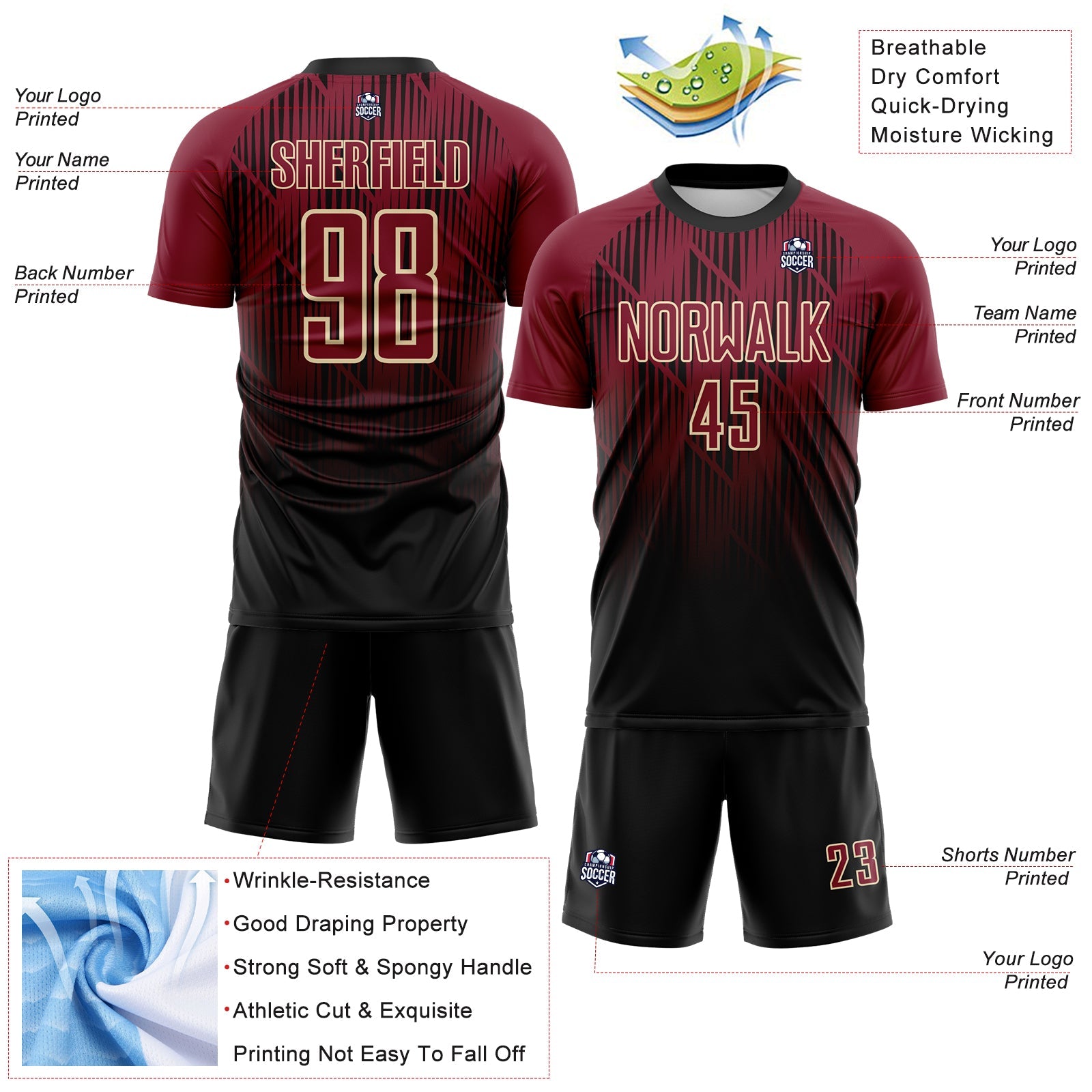 Custom Black Crimson-Cream Spiked Sharp Lines Gradient Sublimation Soccer Uniform Jersey view 4