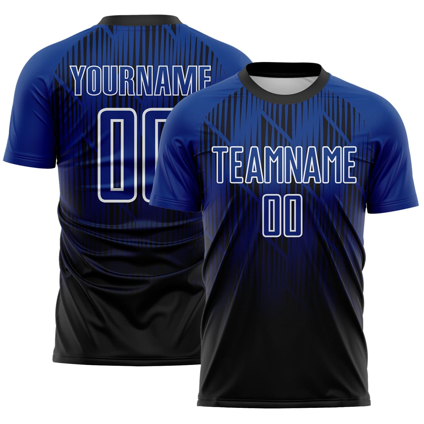 Custom Black Royal-White Spiked Sharp Lines Gradient Sublimation Soccer Uniform Jersey - Main View