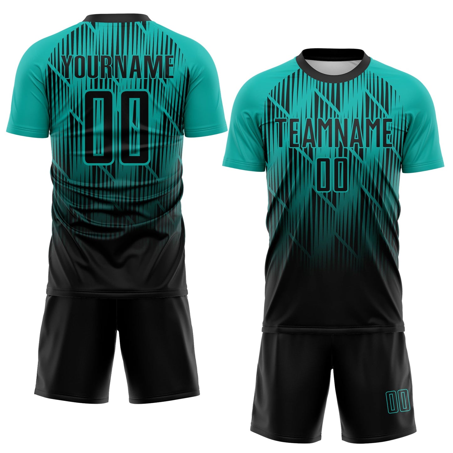 Custom Black-Aqua Spiked Sharp Lines Gradient Sublimation Soccer Uniform Jersey view 2