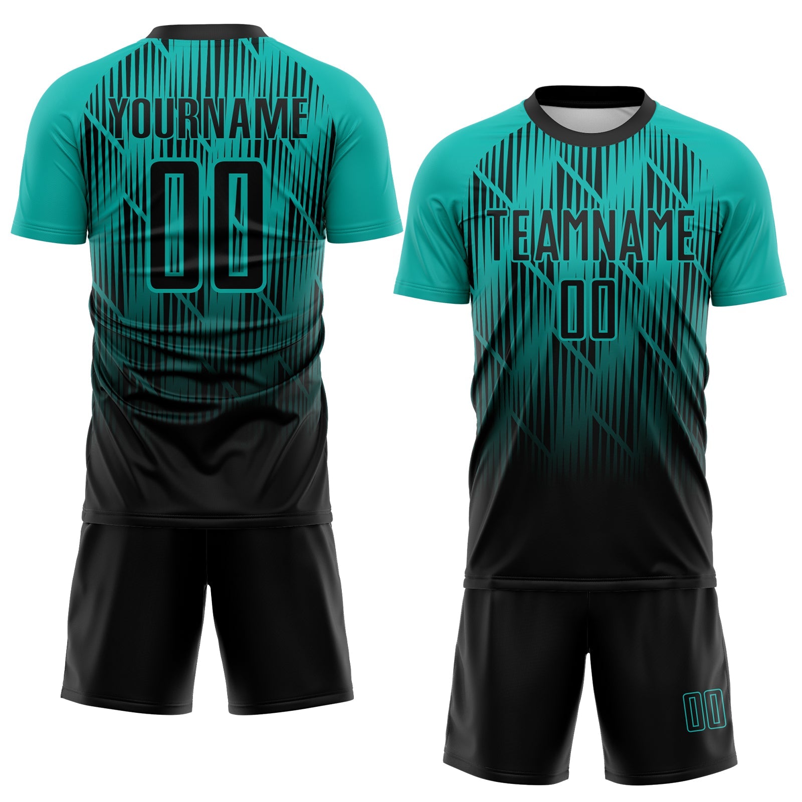 Custom Black-Aqua Spiked Sharp Lines Gradient Sublimation Soccer Uniform Jersey view 2