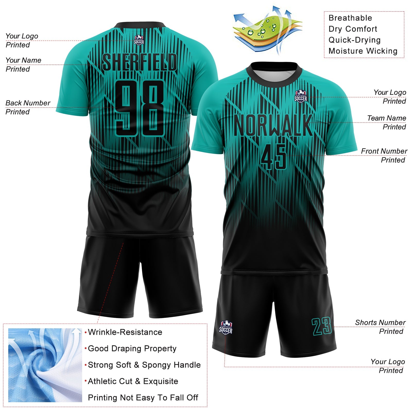 Custom Black-Aqua Spiked Sharp Lines Gradient Sublimation Soccer Uniform Jersey view 4