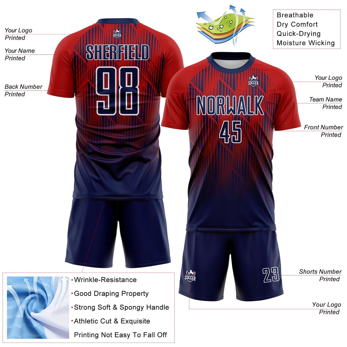 Custom Navy Red-White Spiked Sharp Lines Gradient Sublimation Soccer Uniform Jersey view 4