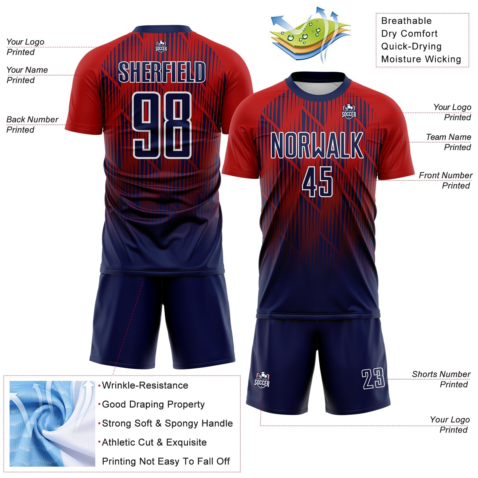 Custom Navy Red-White Spiked Sharp Lines Gradient Sublimation Soccer Uniform Jersey view 4