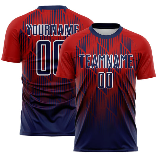 Custom Navy Red-White Spiked Sharp Lines Gradient Sublimation Soccer Uniform Jersey - Main View