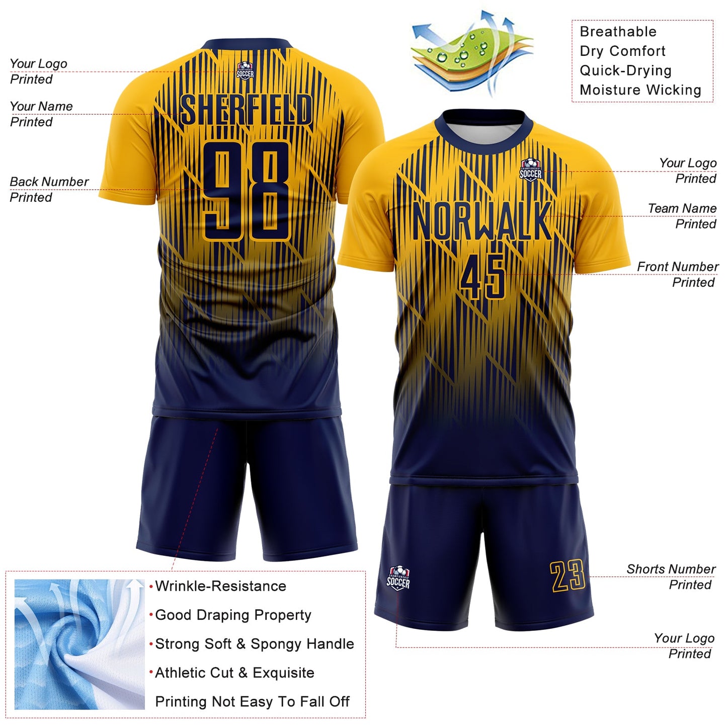 Custom Navy-Gold Spiked Sharp Lines Gradient Sublimation Soccer Uniform Jersey view 4
