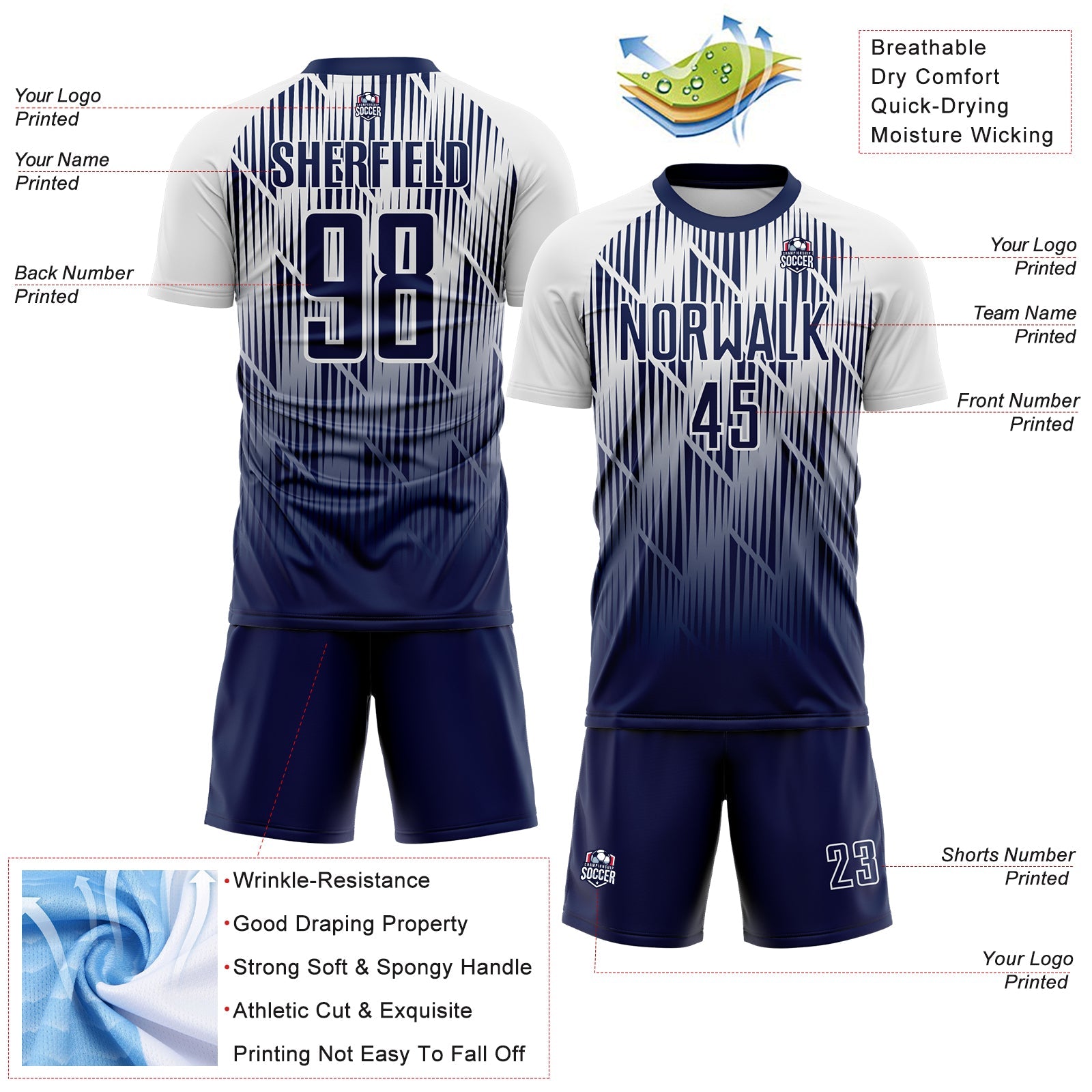 Custom Navy-White Spiked Sharp Lines Gradient Sublimation Soccer Uniform Jersey view 4