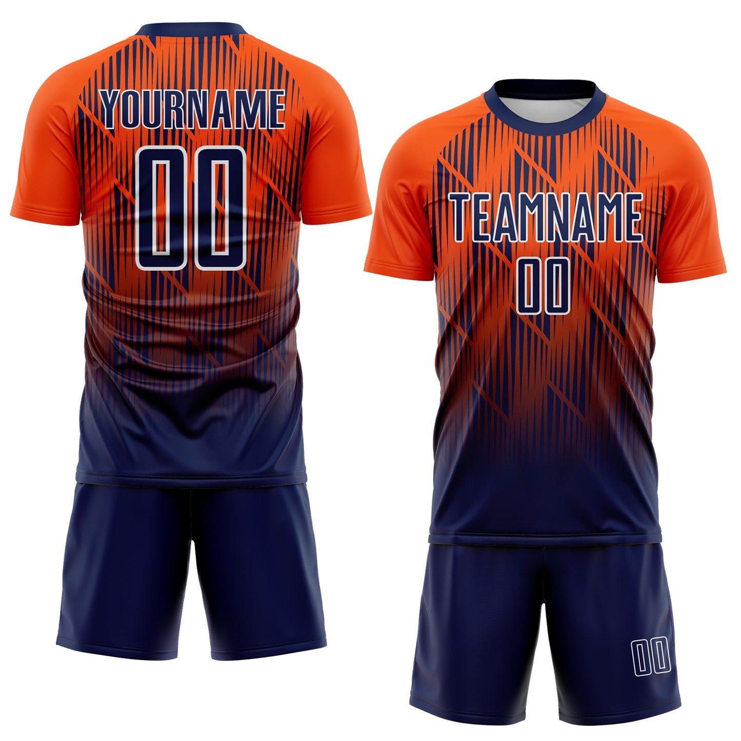 Custom Navy Orange-White Spiked Sharp Lines Gradient Sublimation Soccer Uniform Jersey view 2