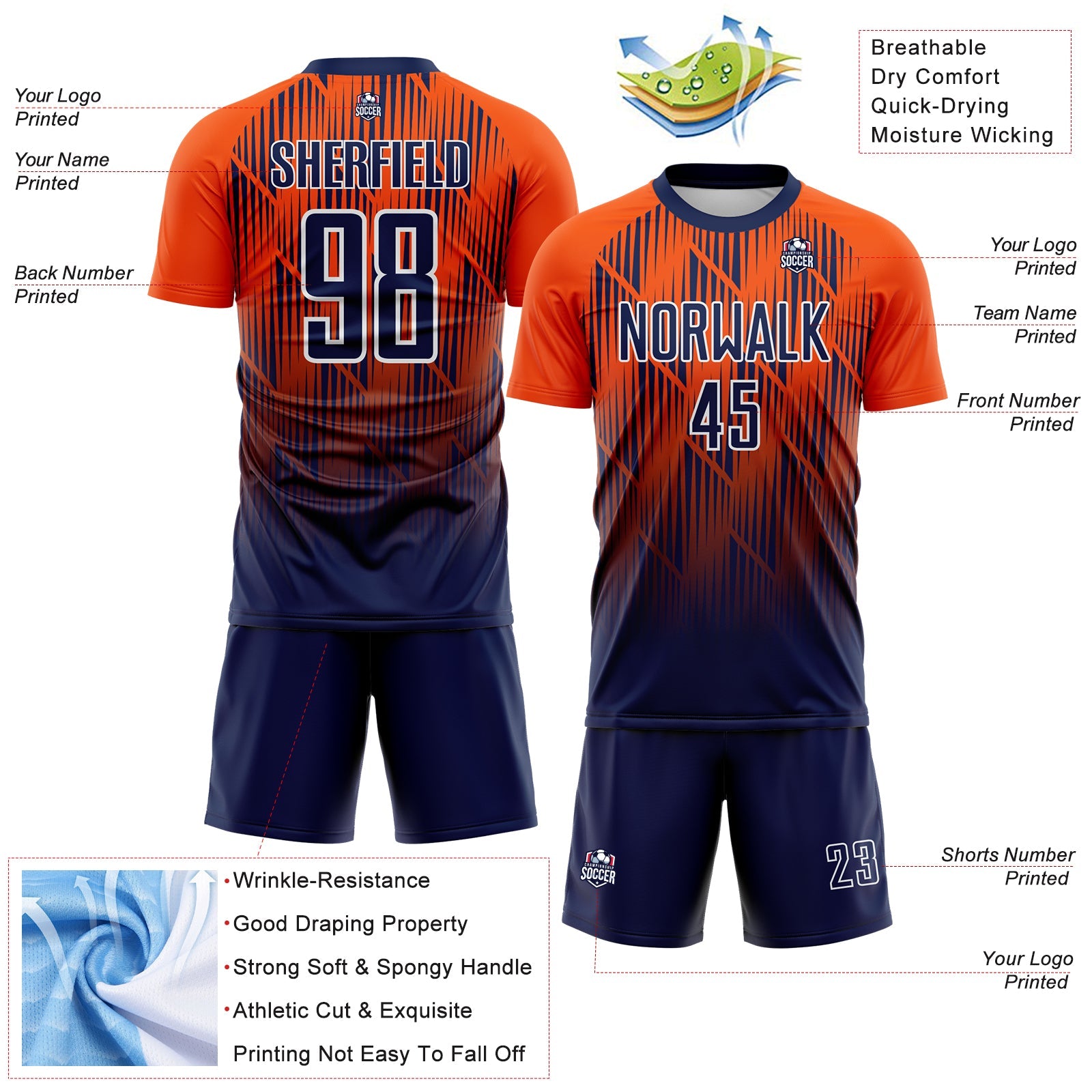 Custom Navy Orange-White Spiked Sharp Lines Gradient Sublimation Soccer Uniform Jersey view 4