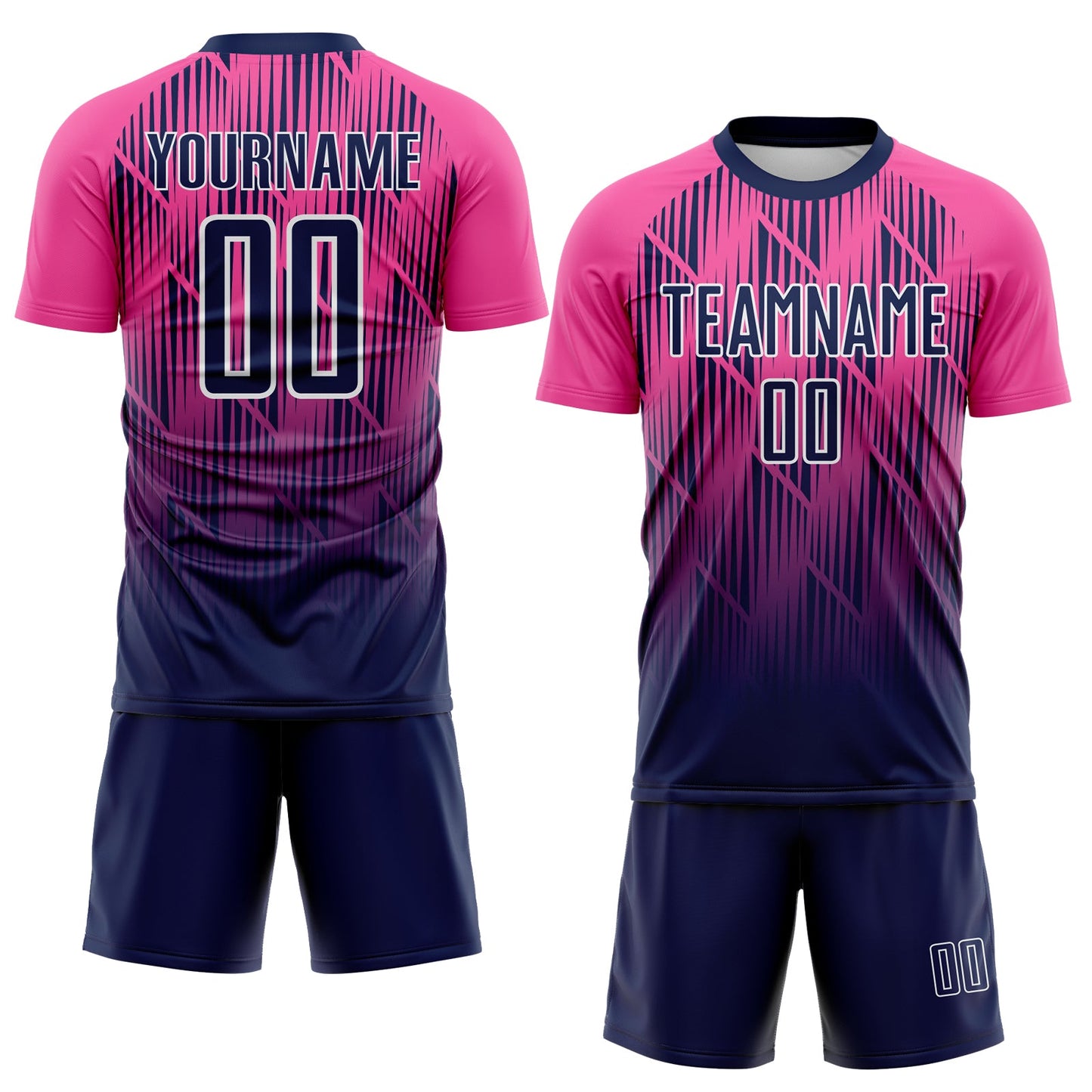 Custom Navy Pink-White Spiked Sharp Lines Gradient Sublimation Soccer Uniform Jersey view 2