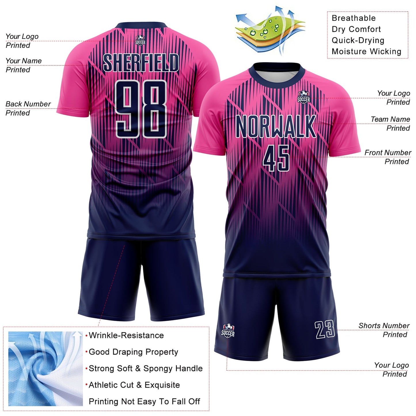 Custom Navy Pink-White Spiked Sharp Lines Gradient Sublimation Soccer Uniform Jersey view 4