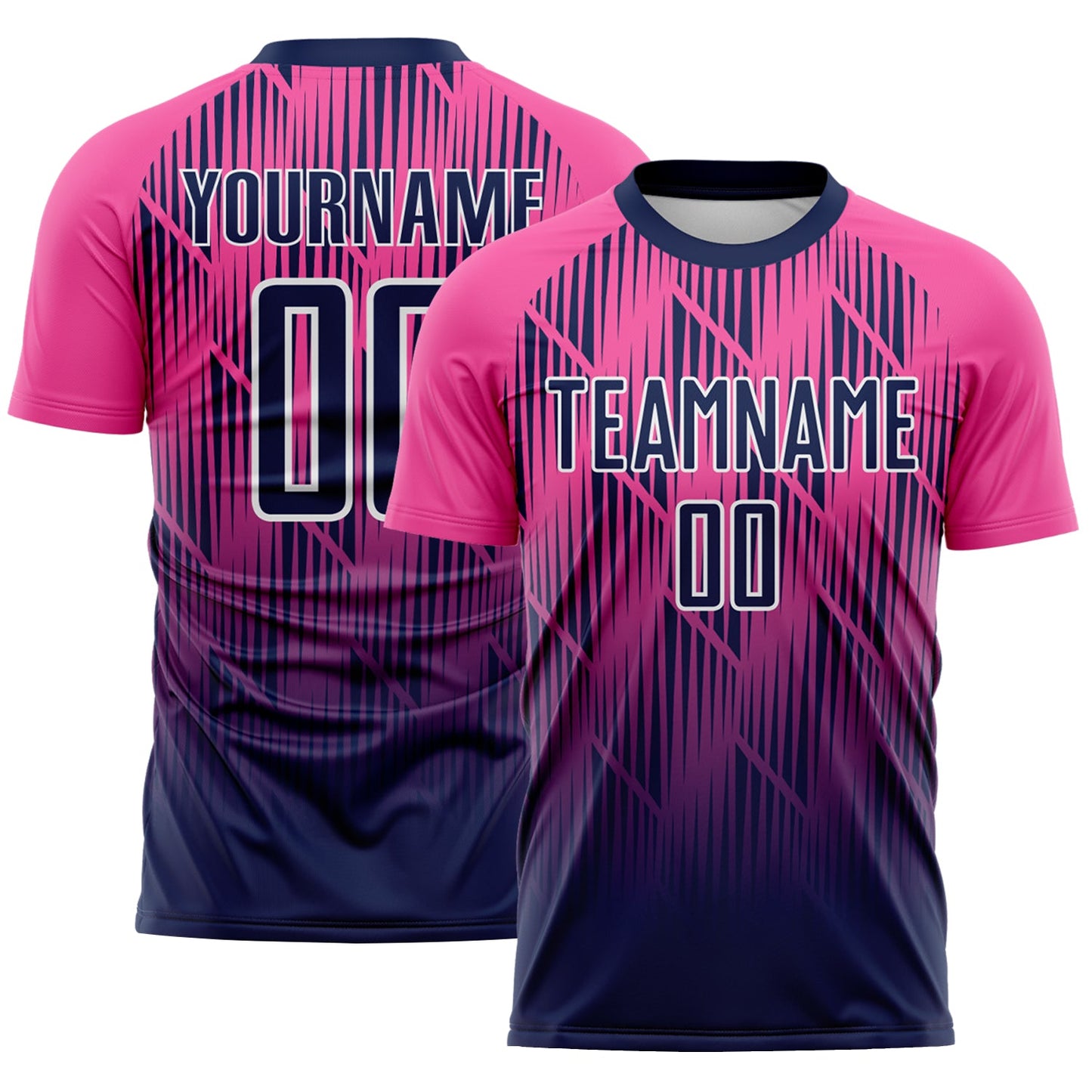 Custom Navy Pink-White Spiked Sharp Lines Gradient Sublimation Soccer Uniform Jersey - Main View