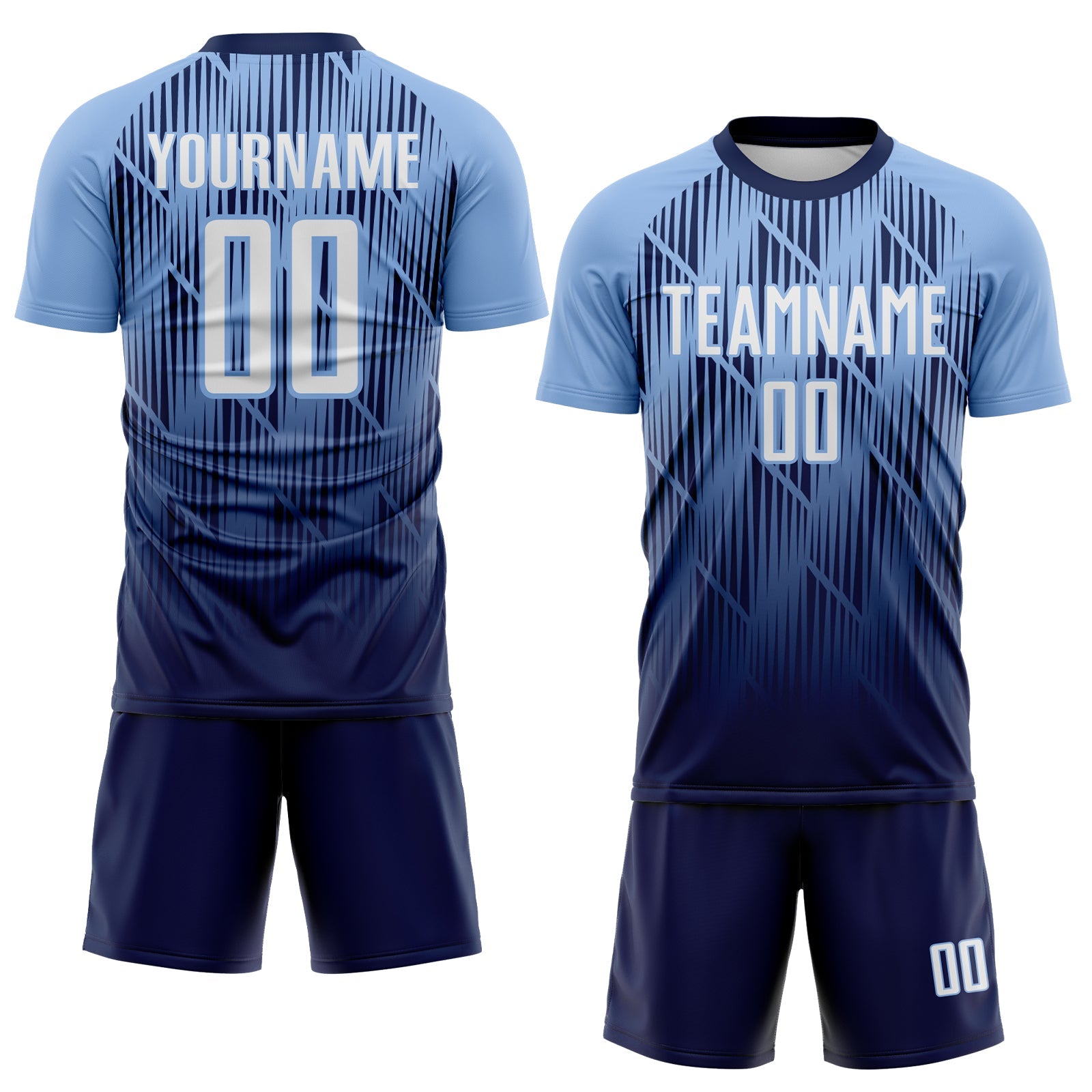 Custom Navy White-Light Blue Spiked Sharp Lines Gradient Sublimation Soccer Uniform Jersey view 2