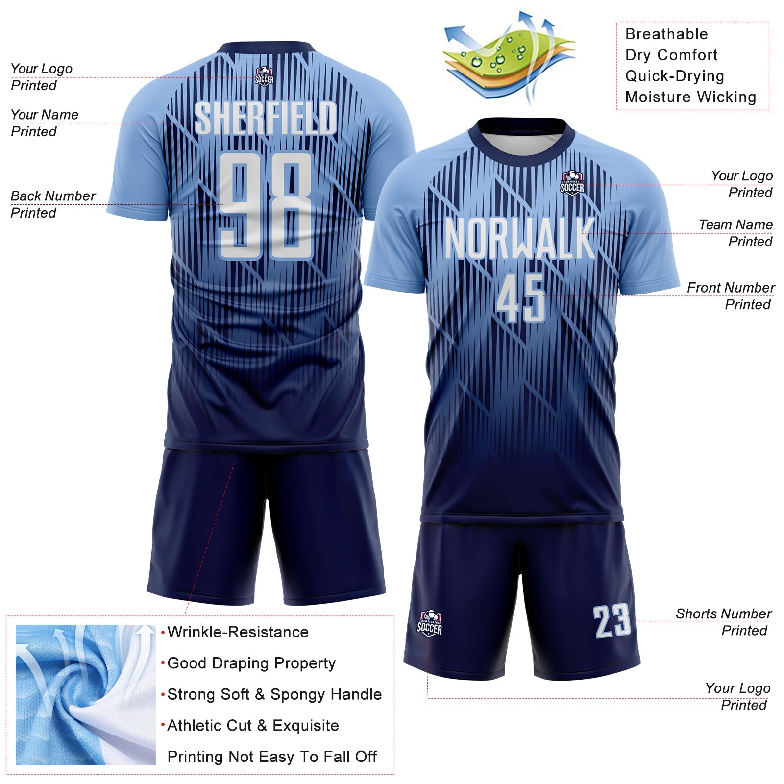 Custom Navy White-Light Blue Spiked Sharp Lines Gradient Sublimation Soccer Uniform Jersey view 4