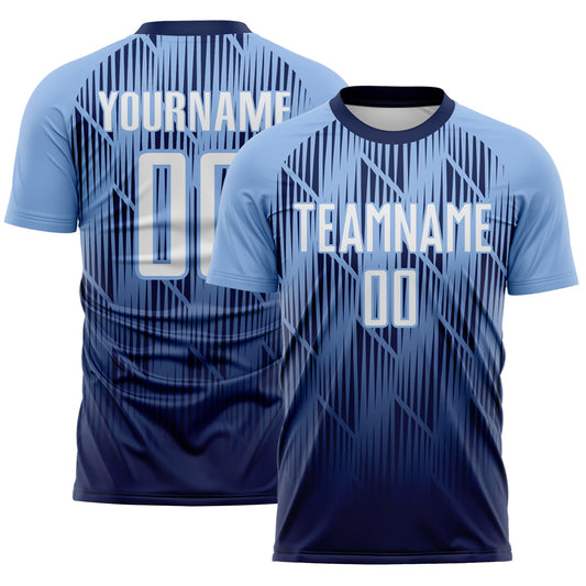 Custom Navy White-Light Blue Spiked Sharp Lines Gradient Sublimation Soccer Uniform Jersey - Main View