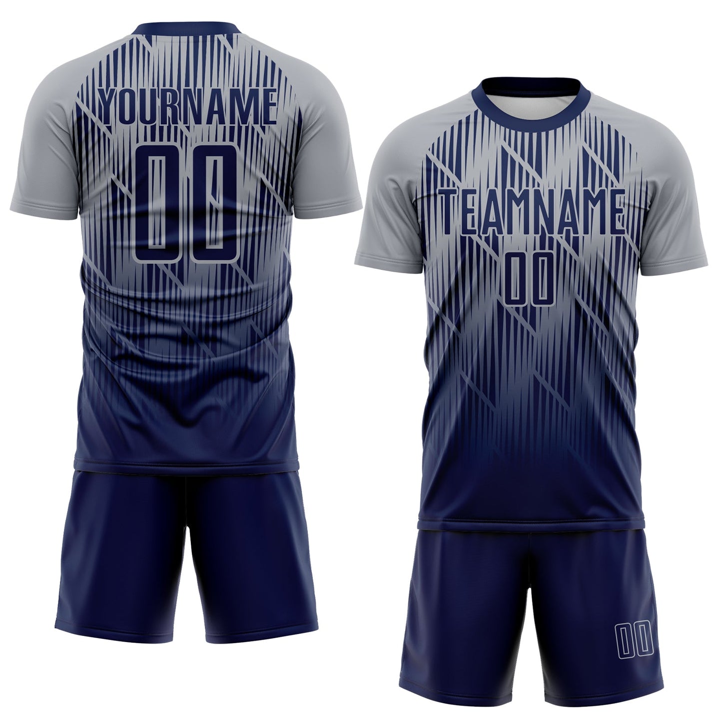 Custom Navy-Gray Spiked Sharp Lines Gradient Sublimation Soccer Uniform Jersey view 2