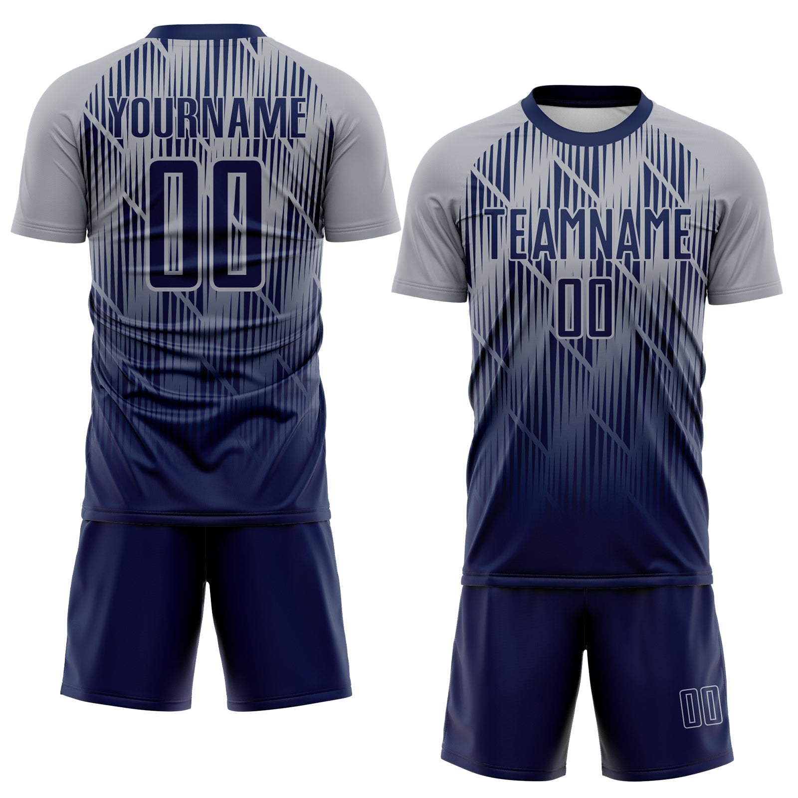 Custom Navy-Gray Spiked Sharp Lines Gradient Sublimation Soccer Uniform Jersey view 2