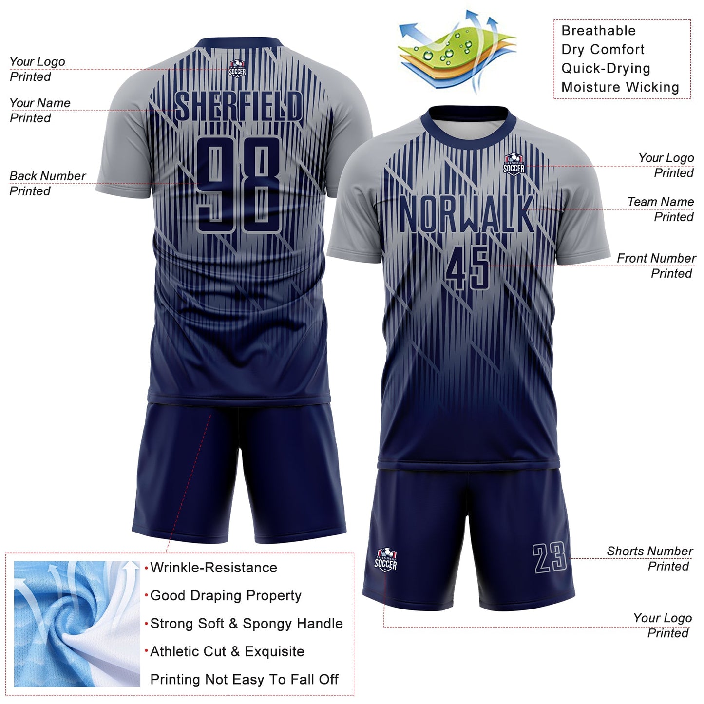 Custom Navy-Gray Spiked Sharp Lines Gradient Sublimation Soccer Uniform Jersey view 4