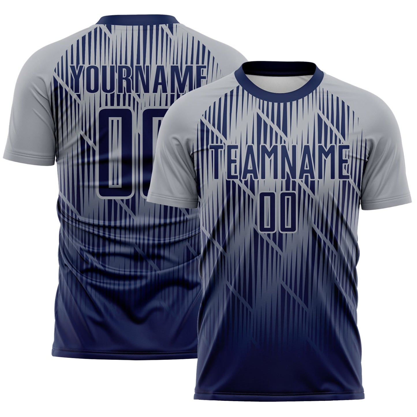 Custom Navy-Gray Spiked Sharp Lines Gradient Sublimation Soccer Uniform Jersey - Main View
