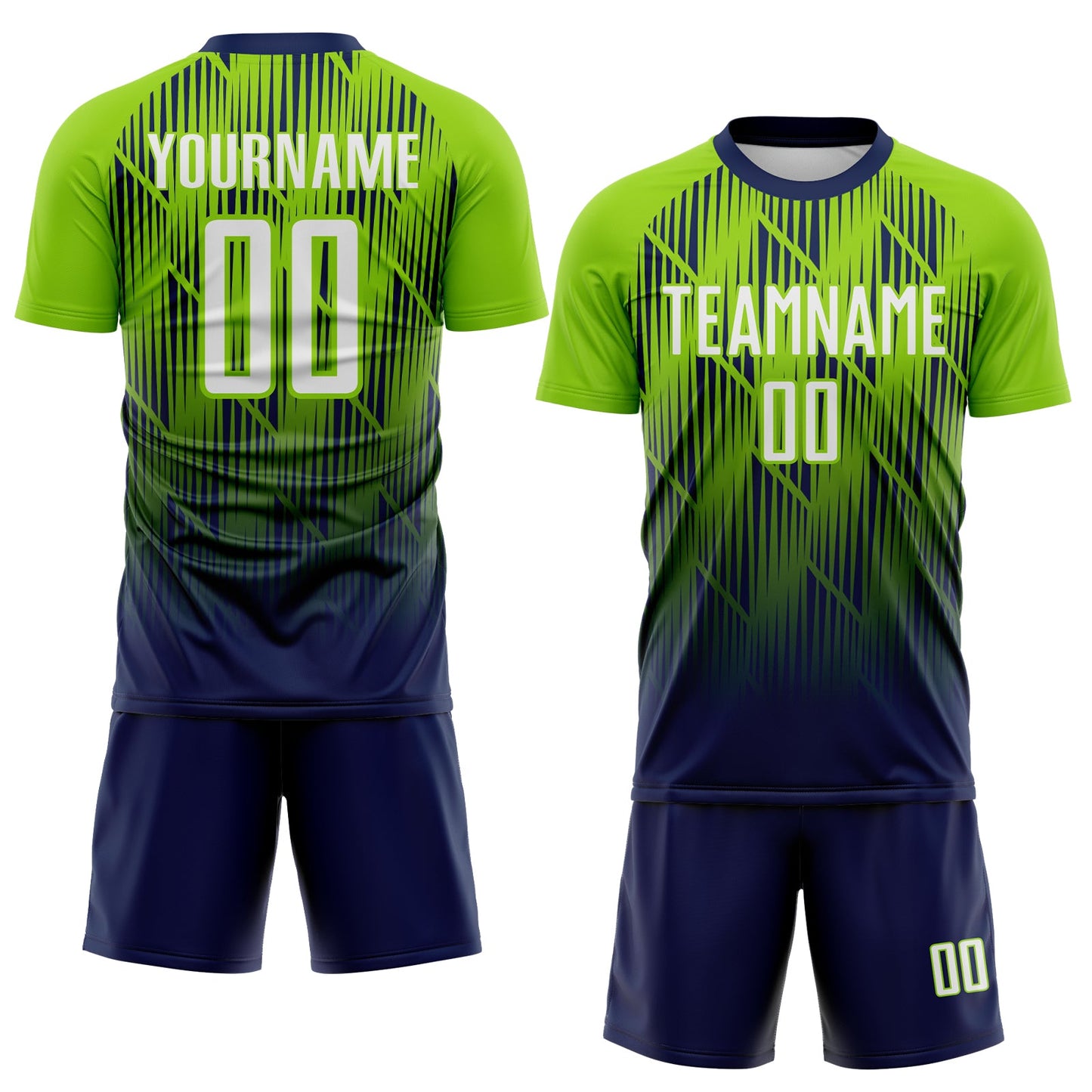 Custom Navy White-Neon Green Spiked Sharp Lines Gradient Sublimation Soccer Uniform Jersey view 2
