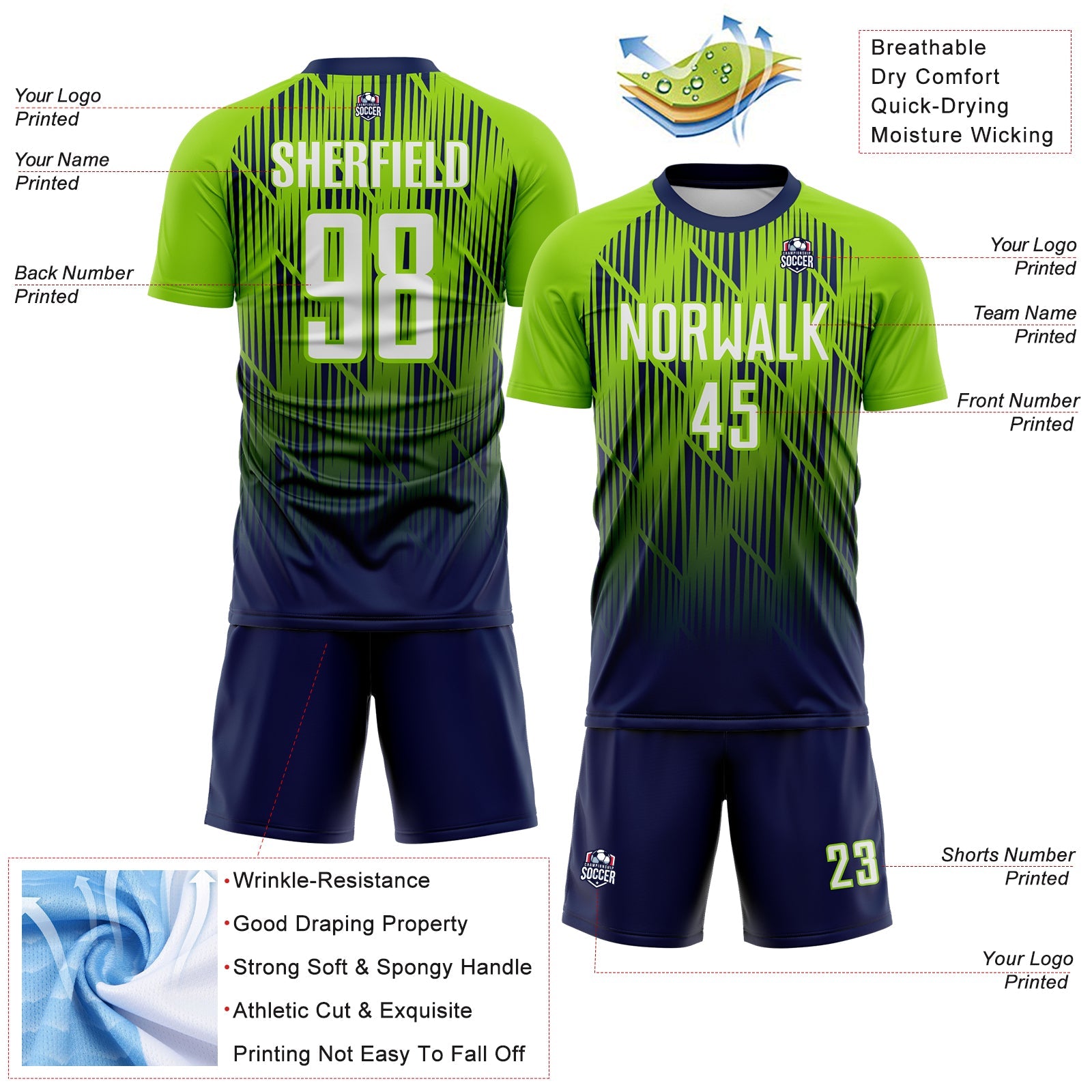 Custom Navy White-Neon Green Spiked Sharp Lines Gradient Sublimation Soccer Uniform Jersey view 4