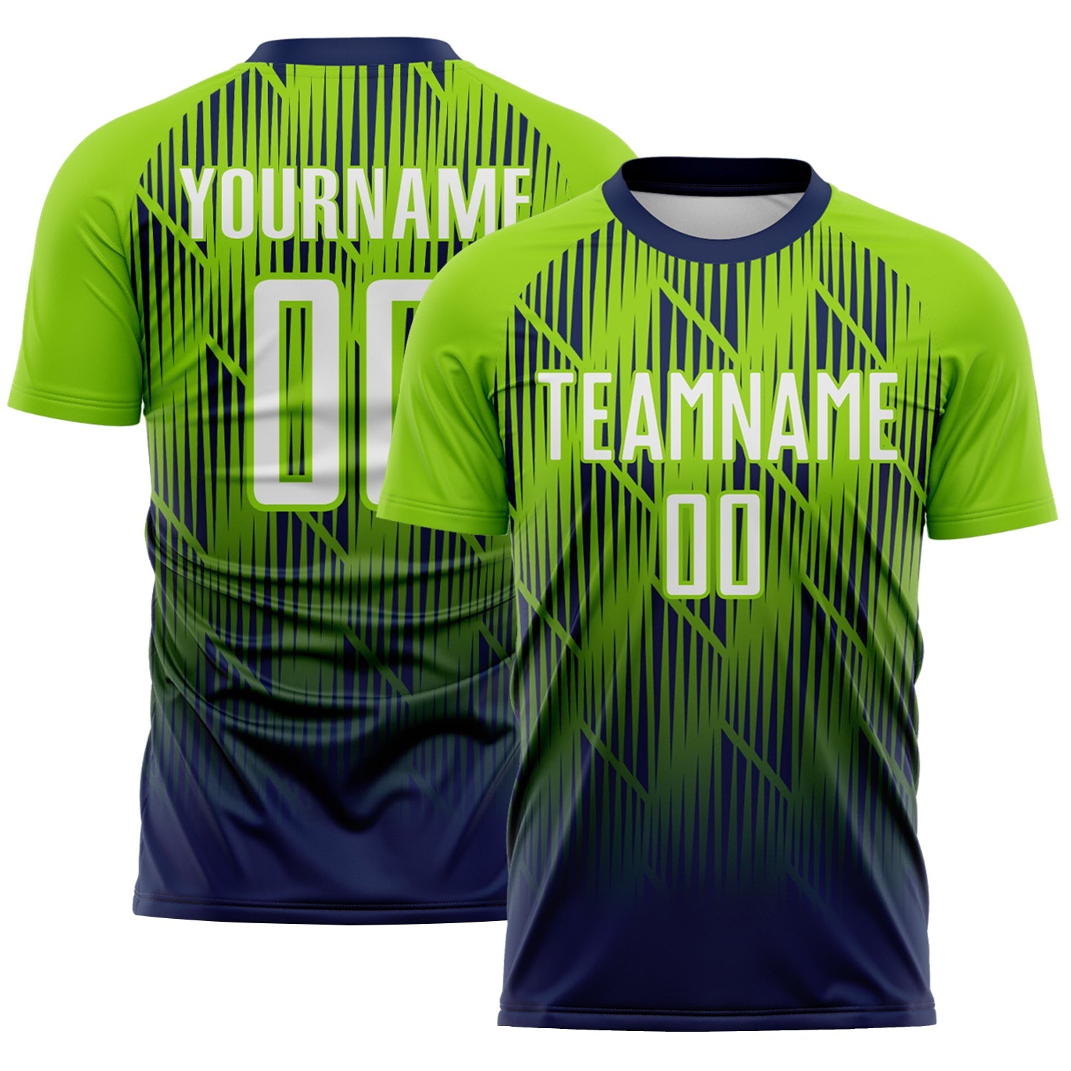 Custom Navy White-Neon Green Spiked Sharp Lines Gradient Sublimation Soccer Uniform Jersey - Main View