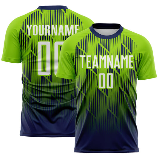 Custom Navy White-Neon Green Spiked Sharp Lines Gradient Sublimation Soccer Uniform Jersey - Main View