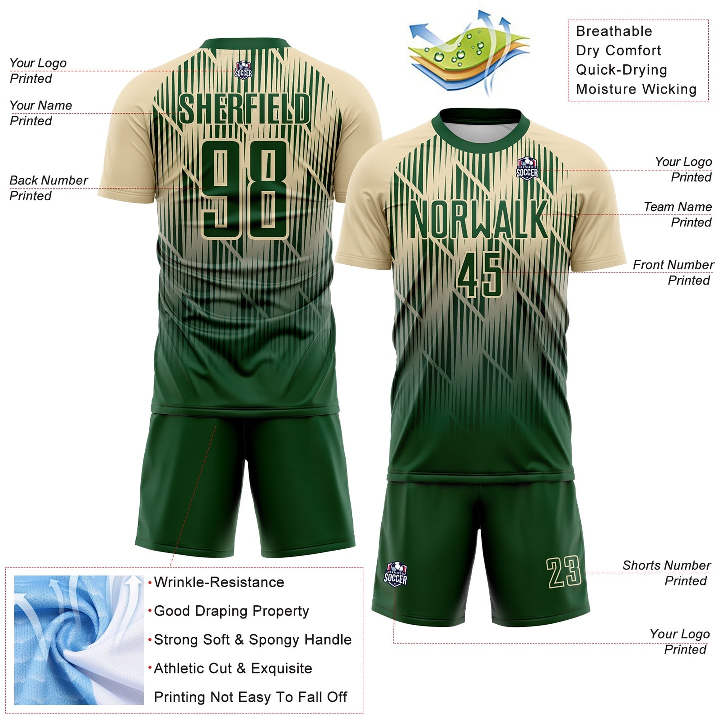 Custom Green-Cream Spiked Sharp Lines Gradient Sublimation Soccer Uniform Jersey view 4