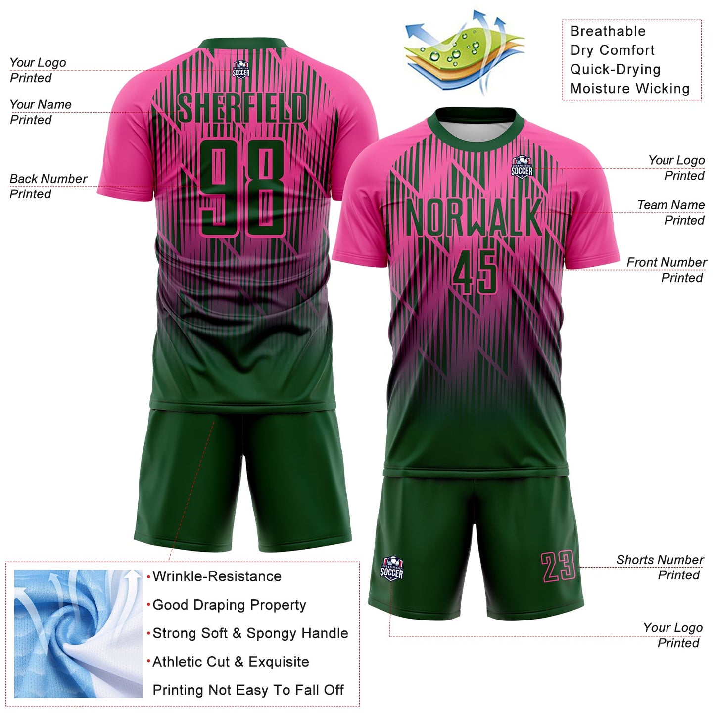 Custom Green-Pink Spiked Sharp Lines Gradient Sublimation Soccer Uniform Jersey view 4